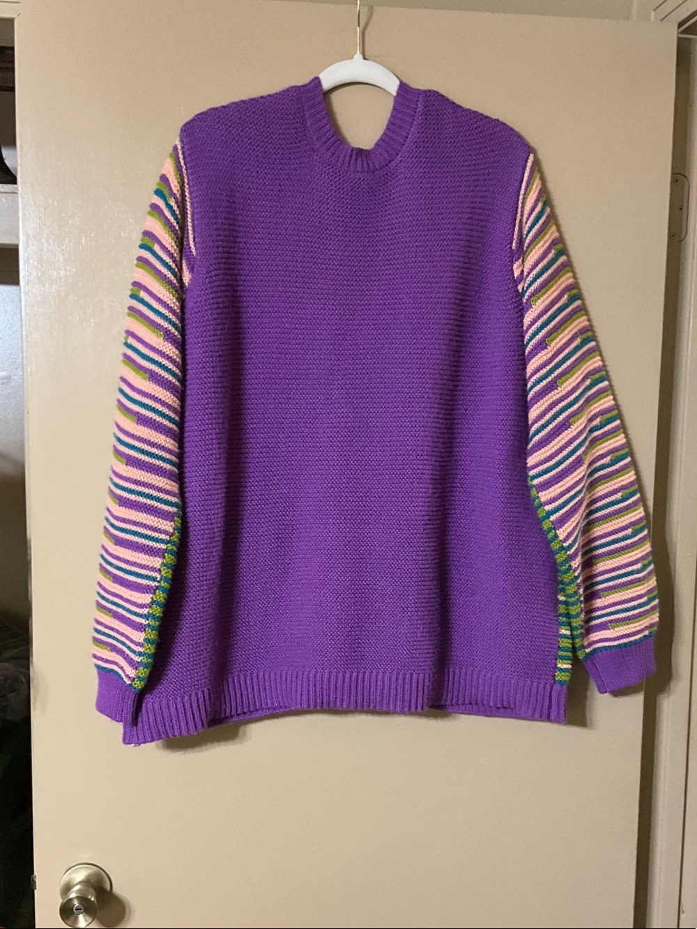 LOGO Striped V-Neck Cardigan Sweater in Purple, Green, and Pink - Picture 2 of 9
